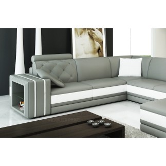Canapé d'angle en cuir italien 8 places BENTLEY, gris clair et blanc