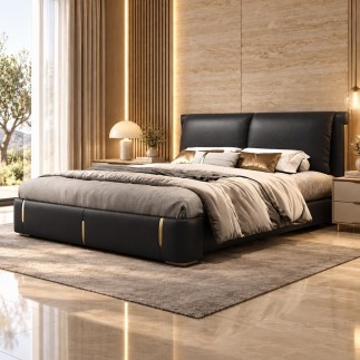 Lit design en cuir italien luxe VARISTO avec sommier à lattes inclus, noir