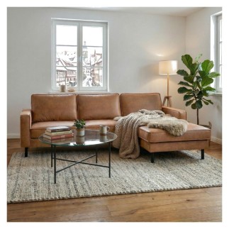 Canapé d'angle convertible cuir italien luxe cognac 4 places, ALAN, coffre, angle droit