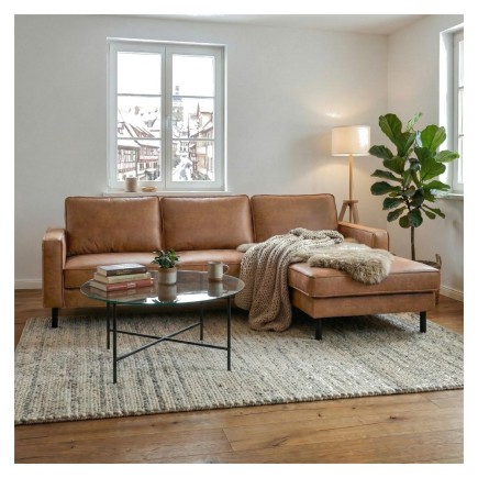 Canapé d'angle convertible cuir italien luxe cognac 4 places, ALAN, coffre, angle droit