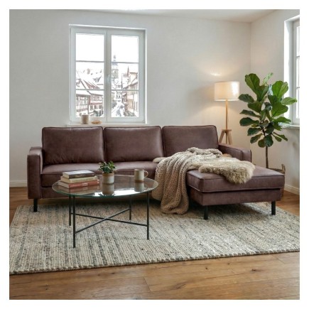 Canapé d'angle convertible cuir italien luxe chocolat 4 places, ALAN, coffre, angle droit