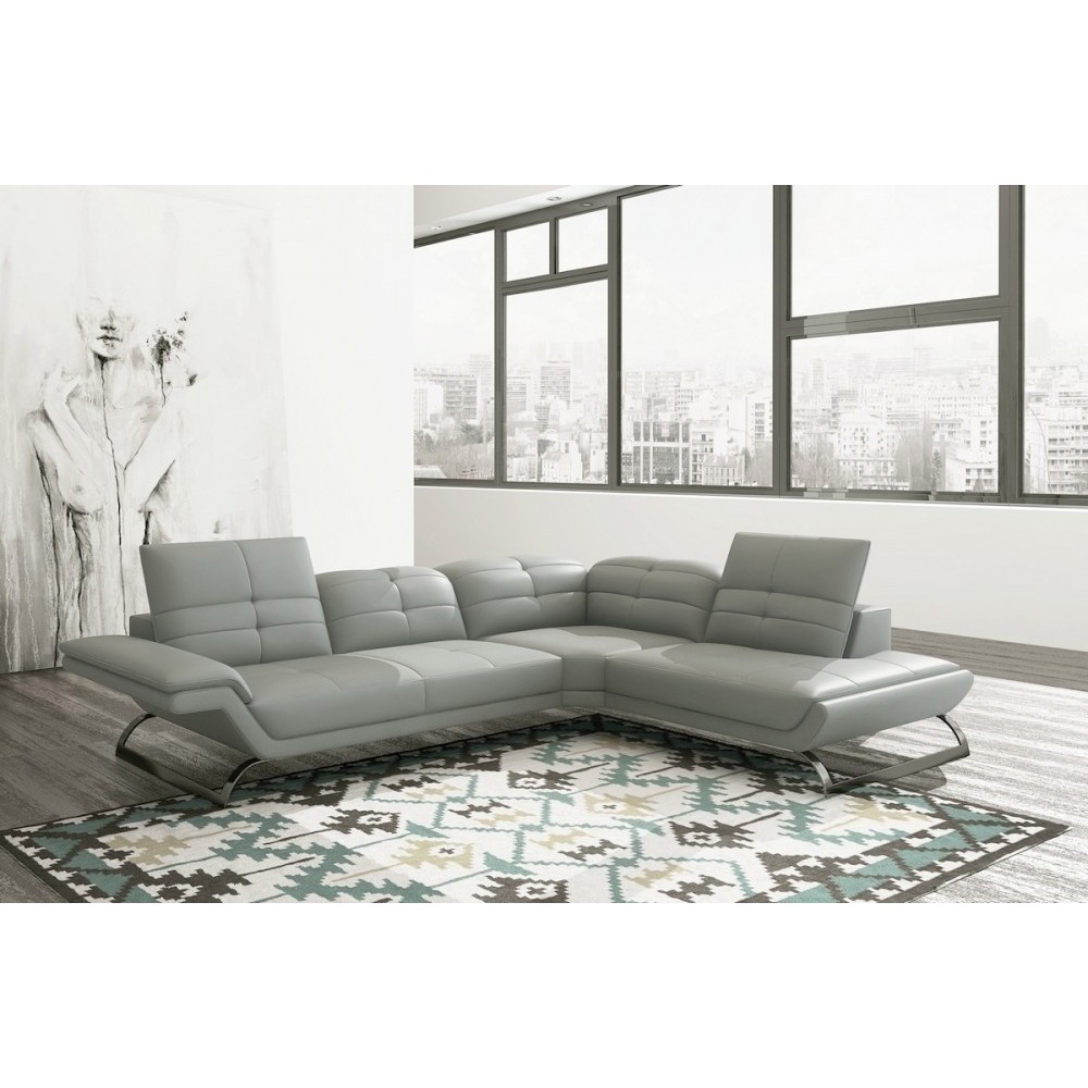Canapé d'angle en 100% tout cuir italien 5 places MODERNI, gris clair pastel, pieds gris chromé, angle droit Canapé d'angle en 100% tout cuir italien 5 places MODERNI, gris clair pastel, pieds gris chromé, angle droit