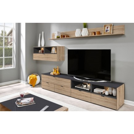 Mur TV design finition chêne et anthracite, YANSEN