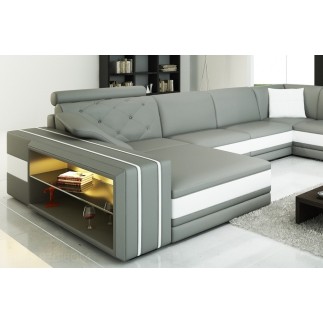 Canapé d'angle en cuir italien 8 places BENTLEY, gris clair et blanc, angle droit