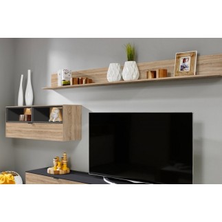 Mur TV design finition chêne et anthracite, YANSEN avec verre sur meuble bas, Chêne et anthracite et vitre