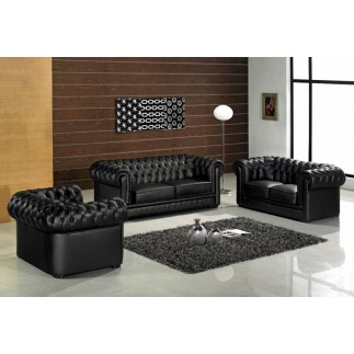Ensemble Chesterfield 3 places et 2 places et fauteuil en cuir italien noir.