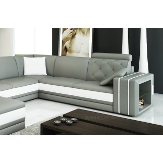 Canapé d'angle en cuir italien 8 places BENTLEY, gris clair et blanc