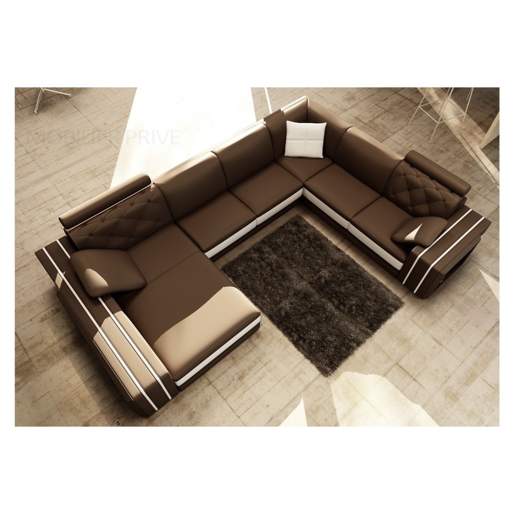 Canapé d'angle en cuir italien 8 places BENTLEY, chocolat et blanc, angle droit Canapé d'angle en cuir italien 8 places BENTLEY, chocolat et blanc, angle droit