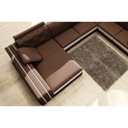 Canapé d'angle en cuir italien 8 places BENTLEY, chocolat et blanc, angle droit