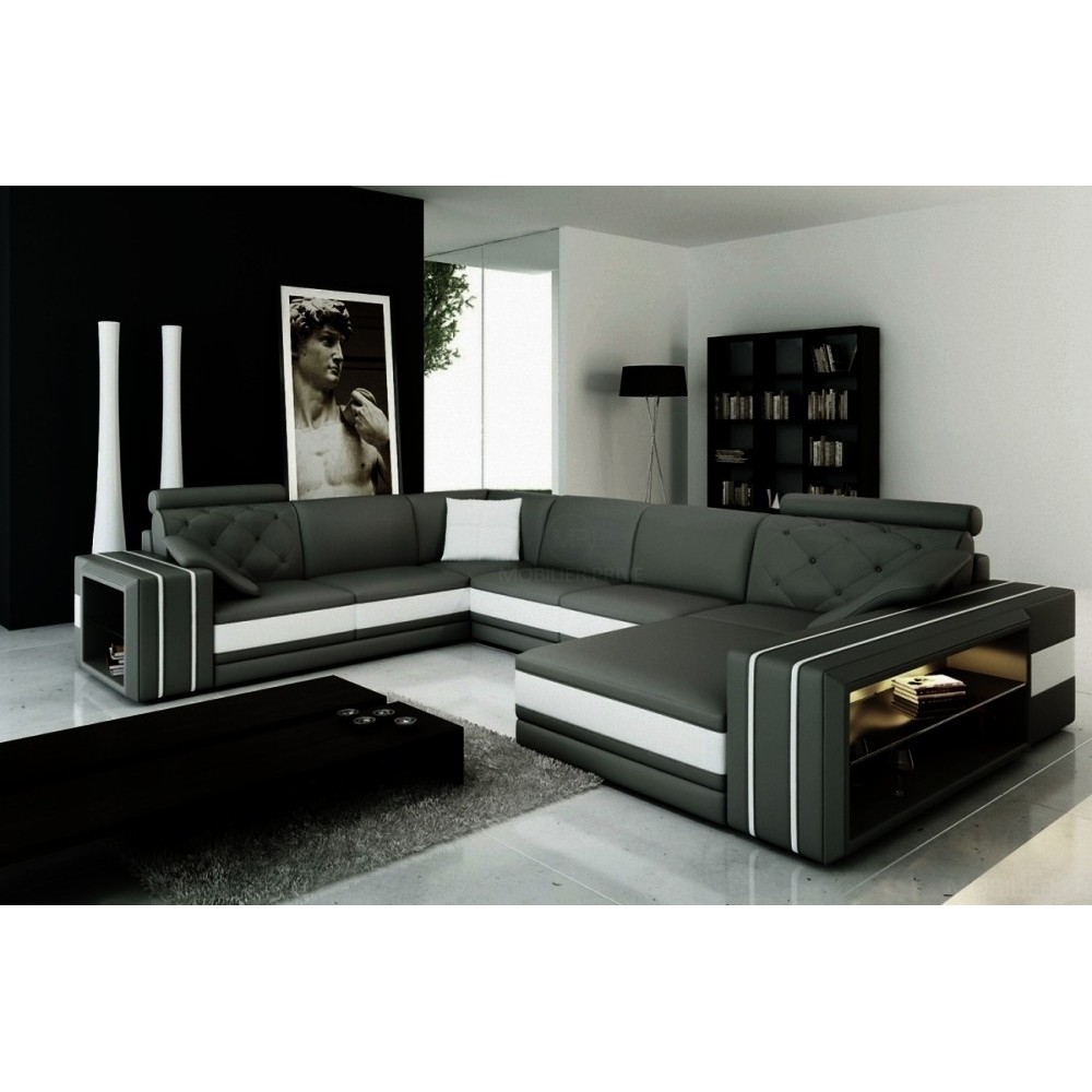 Canapé d'angle en cuir italien 8 places BENTLEY, gris foncé et blanc, angle gauche Canapé d'angle en cuir italien 8 places BENTLEY, gris foncé et blanc, angle gauche