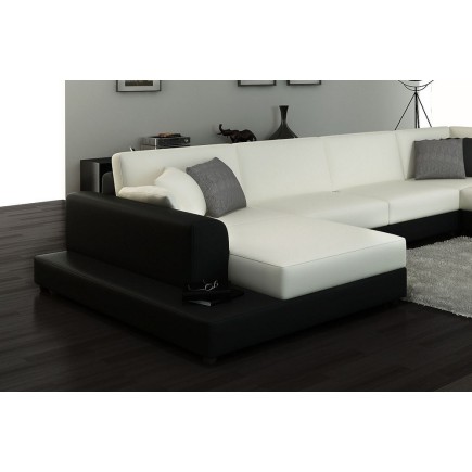 Canapé d'angle en cuir italien 6/7 places PERLA, blanc et noir, angle droit
