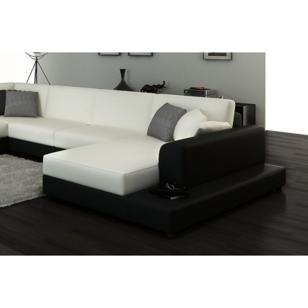 Canapé d'angle en cuir italien 6/7 places PERLA, blanc et noiir, Blanc / Noir, angle gauche