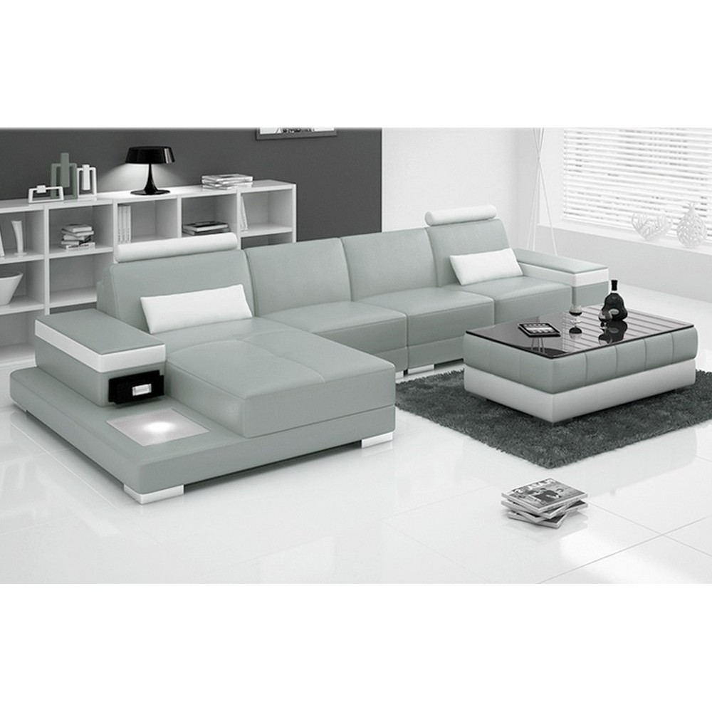 Canapé d'angle en cuir italien 5 places ENZO, gris et blanc, Gris Clair / Blanc, angle gauche Canapé d'angle en cuir italien 5 places ENZO, gris et blanc, Gris Clair / Blanc, angle gauche