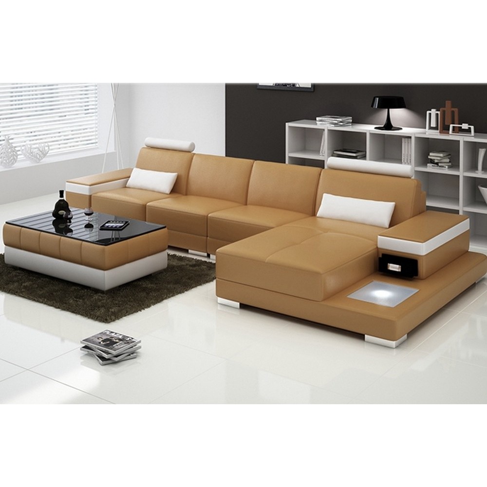 Canapé d'angle en cuir italien 5 places ENZO, beige et blanc, angle droit Canapé d'angle en cuir italien 5 places ENZO, beige et blanc, angle droit