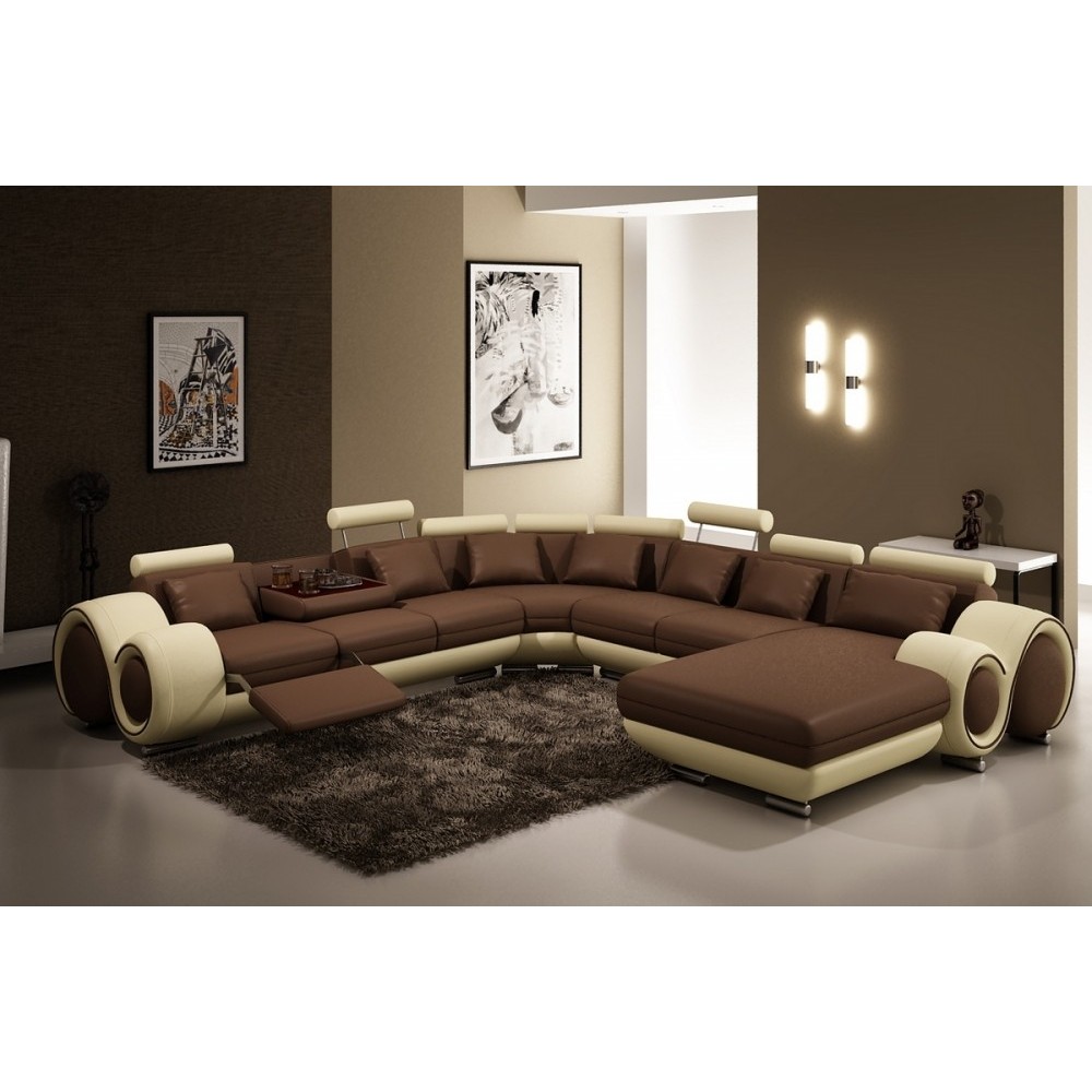 Canapé d'angle en cuir italien 8 places CARLTON, chocolat et beige, angle gauche Canapé d'angle en cuir italien 8 places CARLTON, chocolat et beige, angle gauche