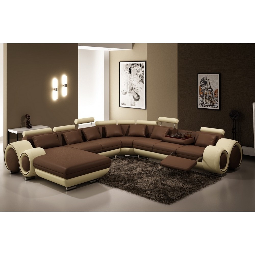 Canapé d'angle en cuir italien 8 places CARLTON, chocolat et beige, angle droit Canapé d'angle en cuir italien 8 places CARLTON, chocolat et beige, angle droit