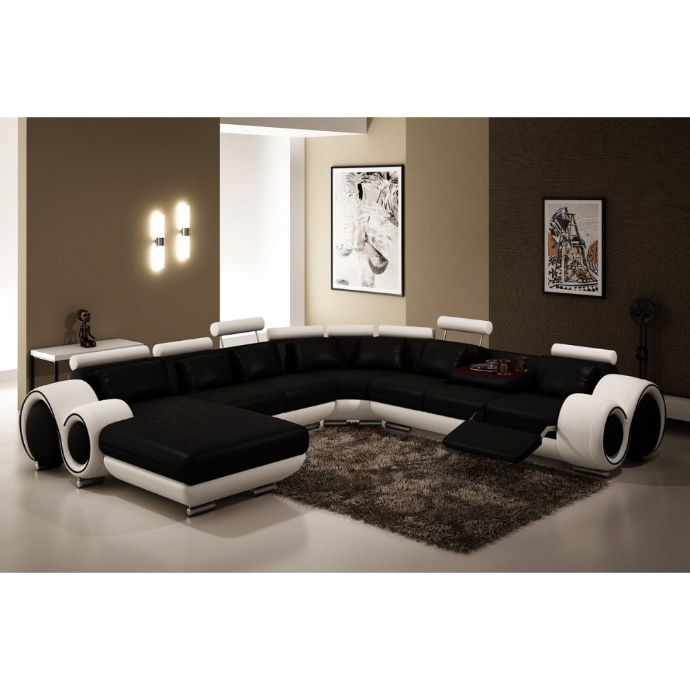 Canapé d'angle en cuir italien 8 places CARLTON, noir et blanc, angle droit Canapé d'angle en cuir italien 8 places CARLTON, noir et blanc, angle droit