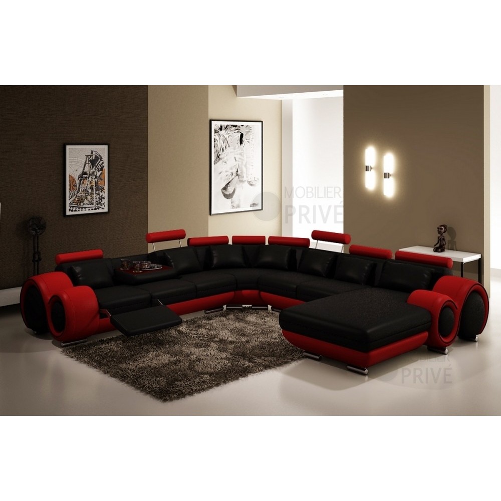Canapé d'angle en cuir italien 8 places CARLTON, noir et rouge, angle gauche Canapé d'angle en cuir italien 8 places CARLTON, noir et rouge, angle gauche