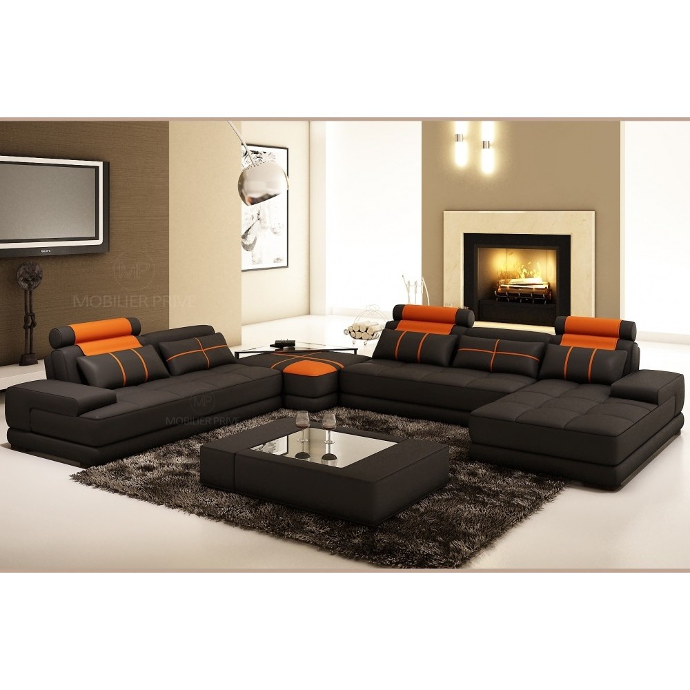 Canapé d'angle en cuir italien 7/8 places NORWAY, noir / orange, angle gauche Canapé d'angle en cuir italien 7/8 places NORWAY, noir / orange, angle gauche