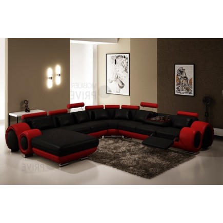 Canapé d'angle en cuir italien 8 places CARLTON, noir et rouge
