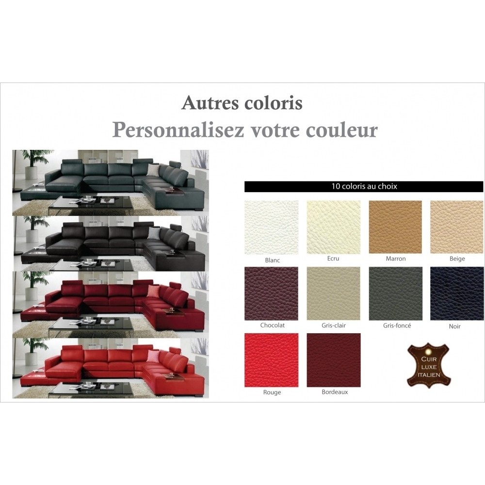 Canapé d'angle en cuir italien 8 places ALMERA avec tétières, personnalisé, angle droit Canapé d'angle en cuir italien 8 places ALMERA avec tétières, personnalisé, angle droit