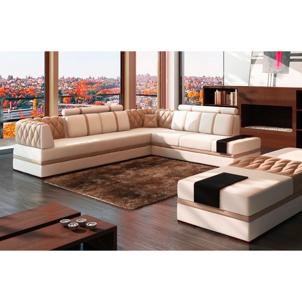 Canapé d'angle en cuir italien 6/7 places RIVA, blanc et beige, angle droit Canapé d'angle en cuir italien 6/7 places RIVA, blanc et beige, angle droit