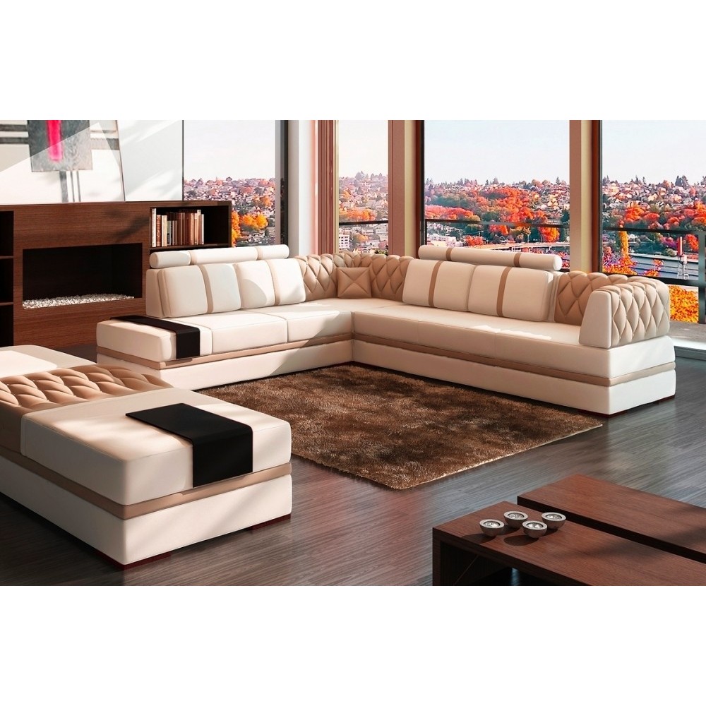 Canapé d'angle en cuir italien 6/7 places RIVA, blanc et beige, angle gauche Canapé d'angle en cuir italien 6/7 places RIVA, blanc et beige, angle gauche