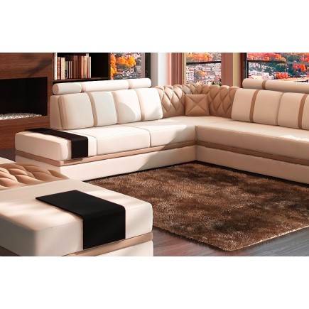 Canapé d'angle en cuir italien 6/7 places RIVA, blanc et beige, angle gauche