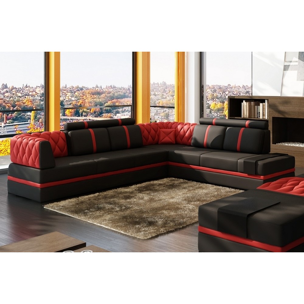 Canapé d'angle en cuir italien 6/7 places RIVA, noir et rouge, angle droit Canapé d'angle en cuir italien 6/7 places RIVA, noir et rouge, angle droit