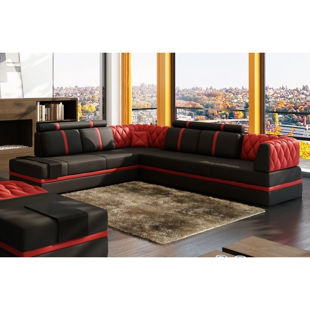 Canapé d'angle en cuir italien 6/7 places RIVA, noir et rouge, angle gauche Canapé d'angle en cuir italien 6/7 places RIVA, noir et rouge, angle gauche