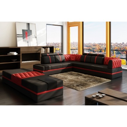 Canapé d'angle en cuir italien 6/7 places RIVA, noir et rouge, angle gauche