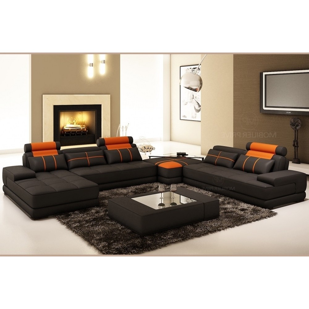 Canapé d'angle en cuir italien 7/8 places NORWAY, noir / orange, angle droit Canapé d'angle en cuir italien 7/8 places NORWAY, noir / orange, angle droit