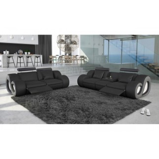 Canapé 3 places en cuir supérieur luxe haut de gamme italien MONRELAX, noir et gris, Noir / Gris clair