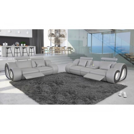 Canapé 2 places en cuir supérieur luxe haut de gamme italien MONRELAX, gris et noir, Gris clair / Noir