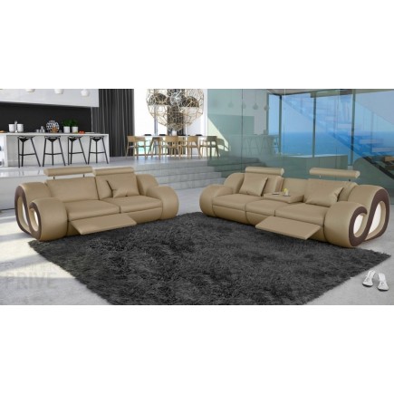 Canapé 3 places en cuir supérieur luxe haut de gamme italien MONRELAX, beige et chocolat