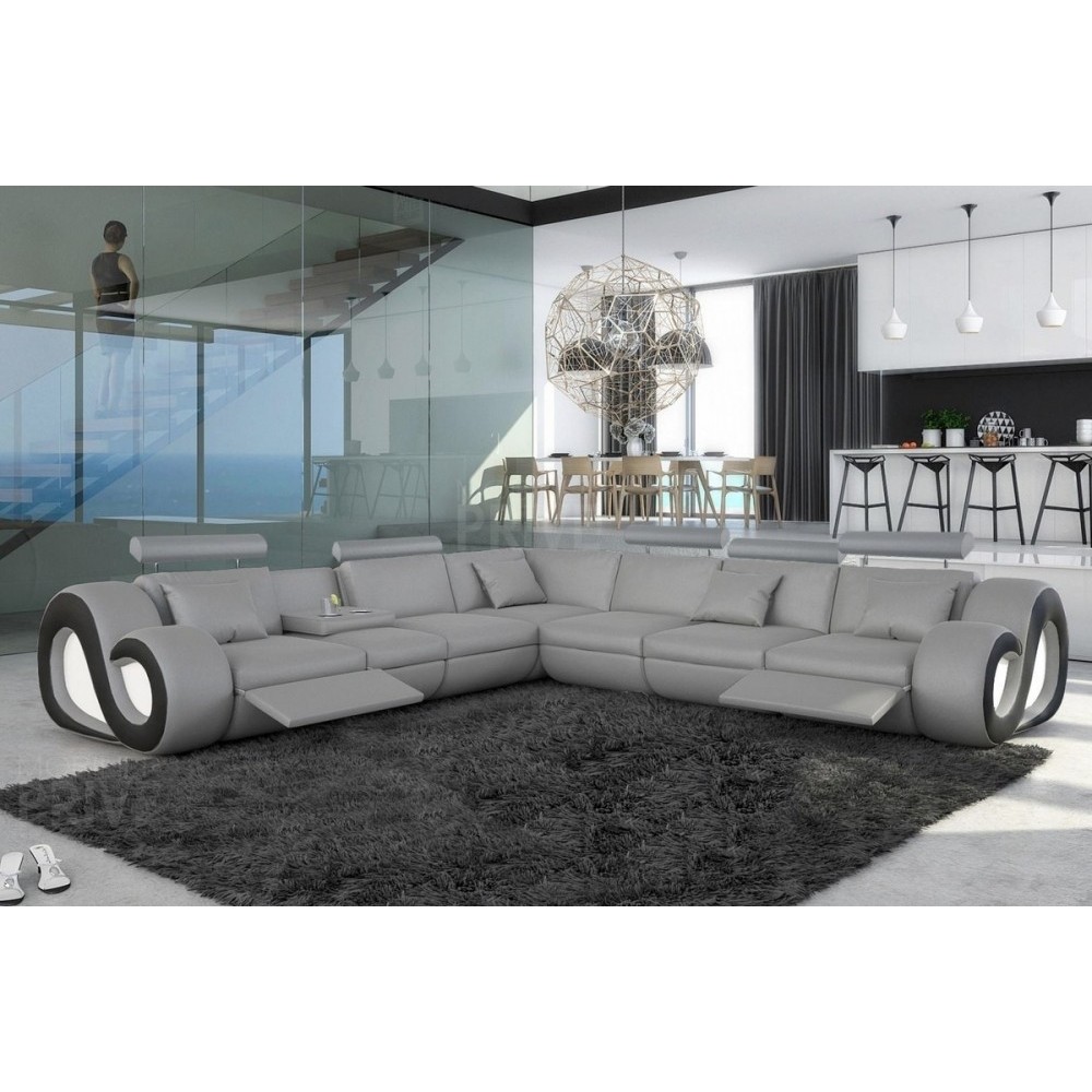 Canapé d'angle en cuir italien 7 places LOVE, gris clair et noir, angle gauche Canapé d'angle en cuir italien 7 places LOVE, gris clair et noir, angle gauche