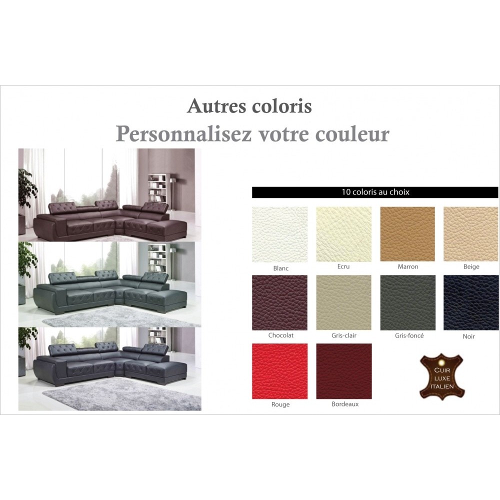 Canapé d'angle en cuir luxe italien 5/6 places BELISSIMO, couleur personnaisée, Personnalisé, angle droit
