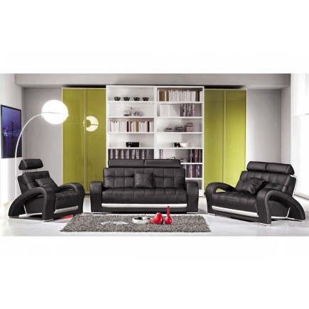 Ensemble CATANIA 3 pièces: canapé 3 places + 2 places + fauteuil en cuir luxe italien vachette, NOIR et BLANC