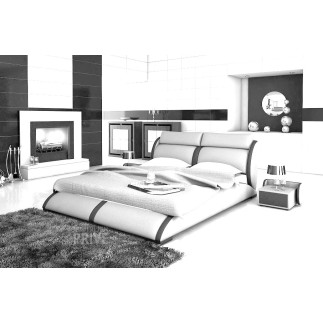 Lit en cuir italien de luxe ARTHUS, blanc et liseret noir, en 180x200