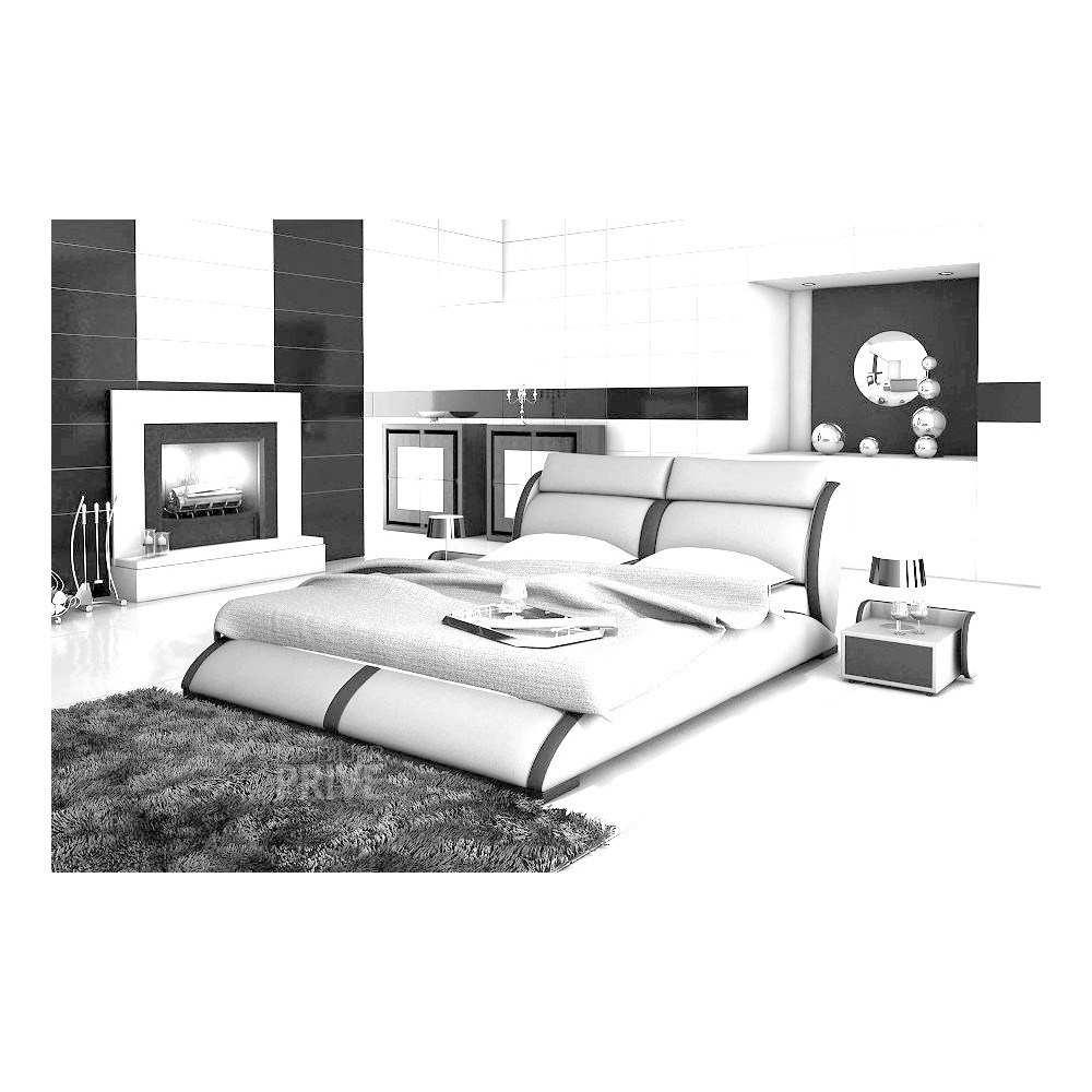 Lit en cuir italien de luxe ARTHUS, blanc et liseret noir, en 180x200 Lit en cuir italien de luxe ARTHUS, blanc et liseret noir, en 180x200