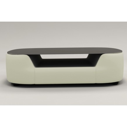 Table basse design, plateau de verre foncé, ALESIA, écru