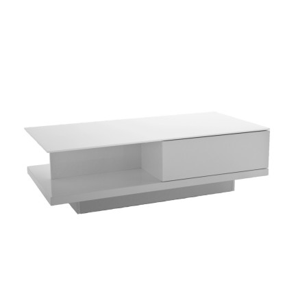 Table basse design, blanc brillant, plateau de verre clair, CINDY