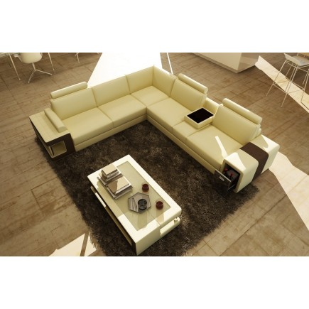 Canapé d'angle en cuir luxe italien 5/6 places XERUS, cuir haut de gamme italien vachette. Cuir Prestige luxe. Ecru et chocolat,