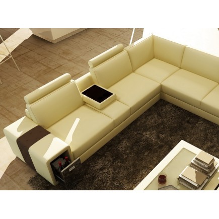 Canapé d'angle en cuir luxe italien 5/6 places XERUS, cuir haut de gamme italien vachette. Cuir Prestige luxe. Ecru et chocolat,