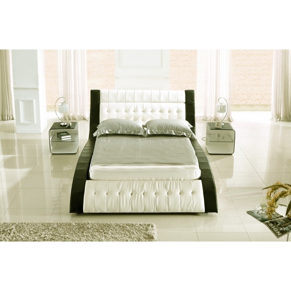 Lit cuir BRIO contemporain 160x200. Noir liseret Blanc. Avec le sommier à lattes
