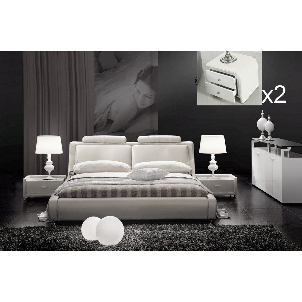 Lit en cuir italien de luxe LIVOURNE 180x200, blanc, avec 2 chevets Bery Lit en cuir italien de luxe LIVOURNE 180x200, blanc, avec 2 chevets Bery