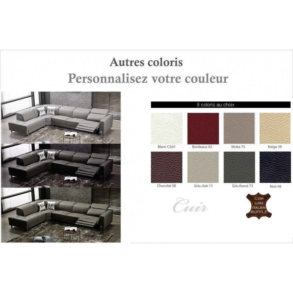 -Canapé d'angle en cuir de buffle italien de luxe 7/8 places RELAXZEN, couleur personnalisée, angle gauche -Canapé d'angle en cuir de buffle italien de luxe 7/8 places RELAXZEN, couleur personnalisée, angle gauche