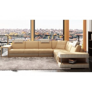 Canapé d'angle en cuir italien 6/7 places JOHN, beige/blanc