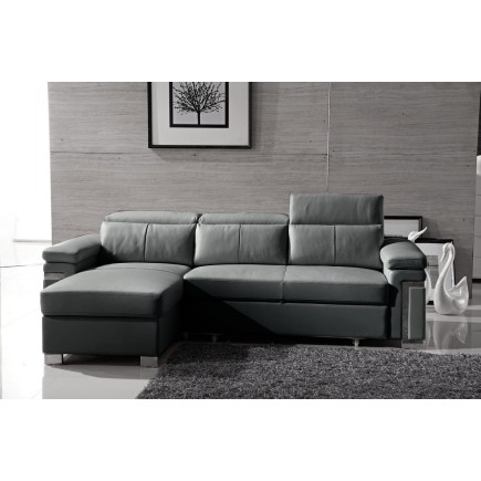 -Canapé d'angle convertible en cuir buffle italien 5 places, ALLURE, gris foncé, angle gauche
