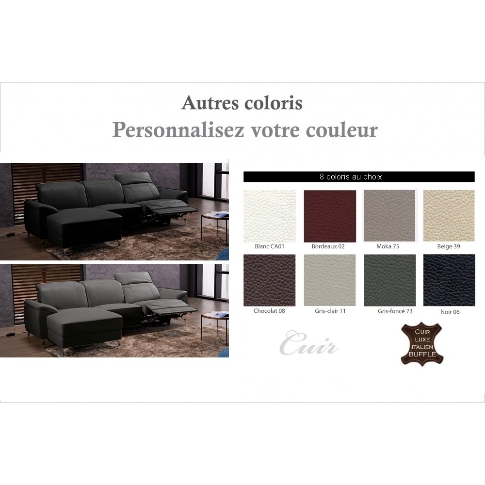 .Canapé d'angle relax en cuir de buffle italien de luxe 5 places BRIO, couleur personnalisée , angle gauche .Canapé d'angle relax en cuir de buffle italien de luxe 5 places BRIO, couleur personnalisée , angle gauche